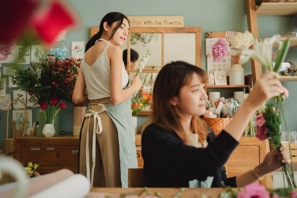 florists working in floral workshop