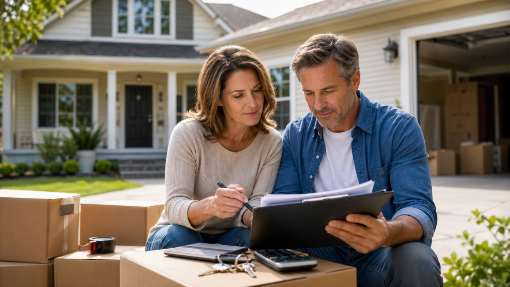 Homeowners reviewing sale documents and moving boxes outside their principal residence after selling their home early